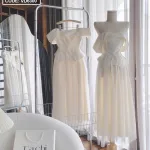 Sét áo nude trễ vai + chân váy midi xoè
