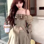 Sét áo nude trễ vai tay loe + short