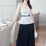 Sét áo peplum dạ đan cúp + quần ống rộng xếp ly kèm nịt