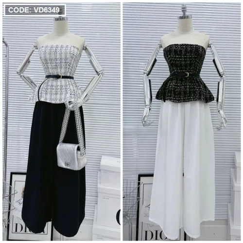 Sét áo peplum dạ đan cúp + quần ống rộng xếp ly kèm nịt