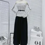 Sét áo peplum dạ đan cúp + quần ống rộng xếp ly kèm nịt