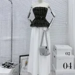 Sét áo peplum dạ đan cúp + quần ống rộng xếp ly kèm nịt