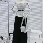 Sét áo peplum dạ đan cúp + quần ống rộng xếp ly kèm nịt