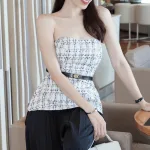 Sét áo peplum dạ đan cúp + quần ống rộng xếp ly kèm nịt