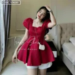 Sét áo peplum đỏ cổ vuông tay phồng + chân váy trắng