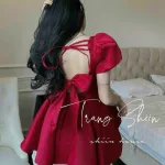 Sét áo peplum đỏ cổ vuông tay phồng + chân váy trắng