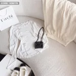 Sét áo trắng cuốn biên cài đá nơ + chân váy midi nude