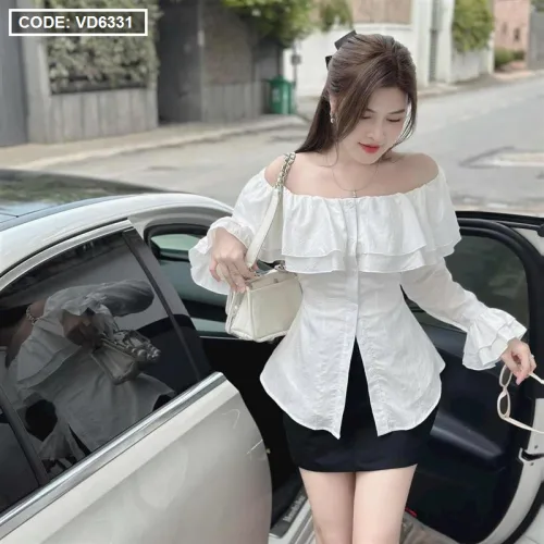 Sét áo trắng trễ vai tay loe + chân váy