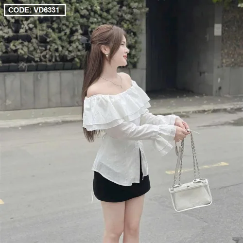 Sét áo trắng trễ vai tay loe + chân váy