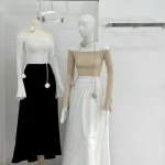Sét áo trễ vai dệt mịn nơ dây hoa + chân váy maxi dài