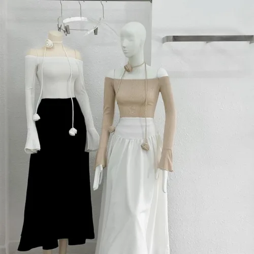 Sét áo trễ vai dệt mịn nơ dây hoa + chân váy maxi dài