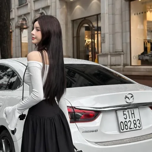 Sét áo trễ vai dệt mịn nơ dây hoa + chân váy maxi dài