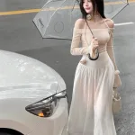 Sét áo trễ vai dệt mịn nơ dây hoa + chân váy maxi dài