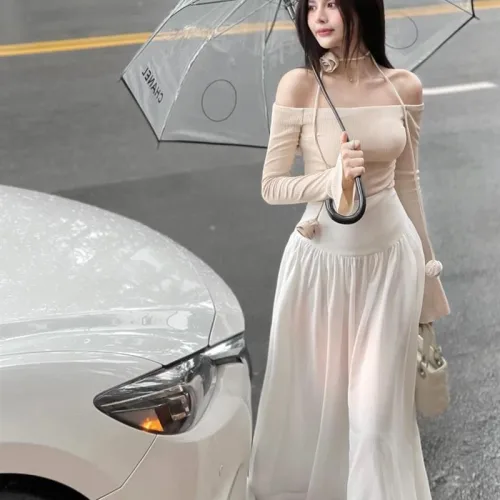 Sét áo trễ vai dệt mịn nơ dây hoa + chân váy maxi dài