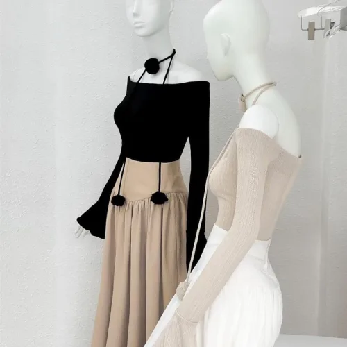 Sét áo trễ vai dệt mịn nơ dây hoa + chân váy maxi dài