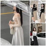 Sét áo trễ vai dệt mịn nơ dây hoa + chân váy maxi dài