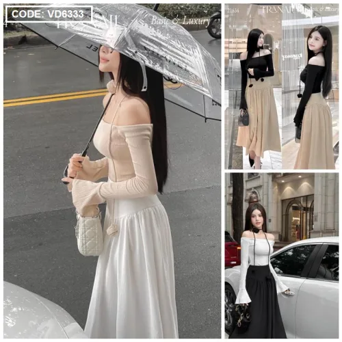 Sét áo trễ vai dệt mịn nơ dây hoa + chân váy maxi dài