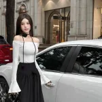 Sét áo trễ vai dệt mịn nơ dây hoa + chân váy maxi dài