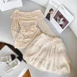 Sét áo trễ vai tay dài nhún + chân váy voan xoè 2 màu