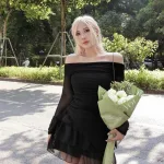 Sét áo trễ vai tay dài nhún + chân váy voan xoè 2 màu