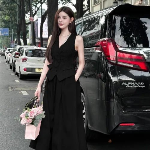 Sét áo vest bố + chân váy maxi dài