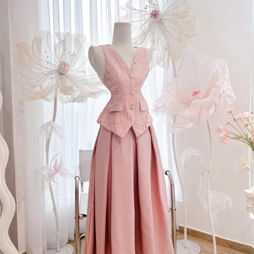 Sét áo vest bố + chân váy maxi dài