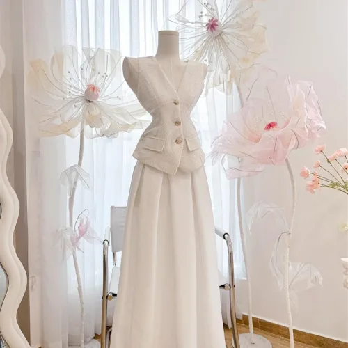 Sét áo vest bố + chân váy maxi dài