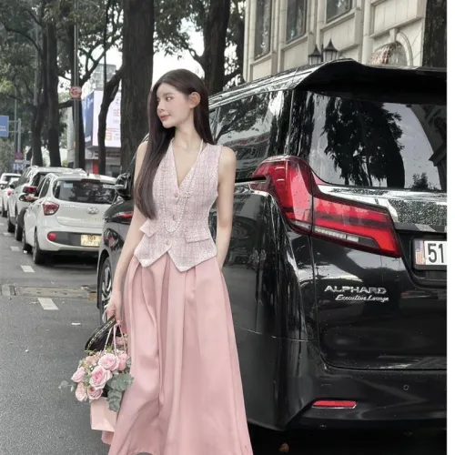Sét áo vest bố + chân váy maxi dài