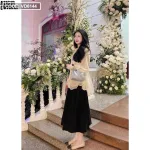 Sét áo voan nude dập ly sau lưng + chân váy midi đen