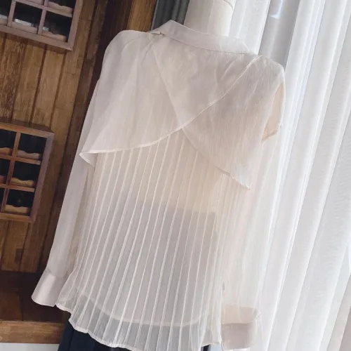 Sét áo voan nude dập ly sau lưng + chân váy midi đen