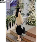Sét áo voan nude dập ly sau lưng + chân váy midi đen