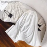 Sét áo voan nude ren hoa cổ tròn + chân váy midi xoè