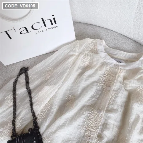 Sét áo voan nude ren hoa cổ tròn + chân váy midi xoè