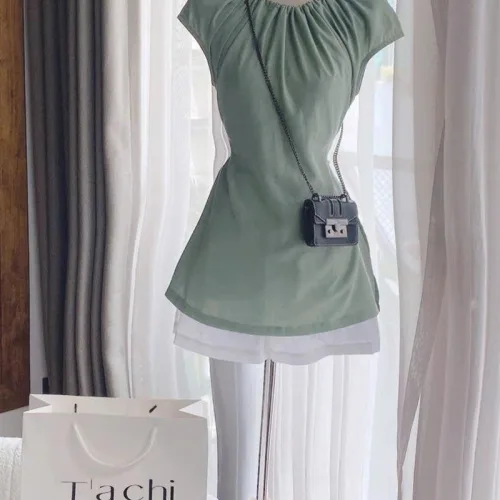 Sét áo xanh cổ tròn nhún xếp rút xẻ lai + short trắng