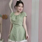 Sét áo xanh cổ tròn nhún xếp rút xẻ lai + short trắng