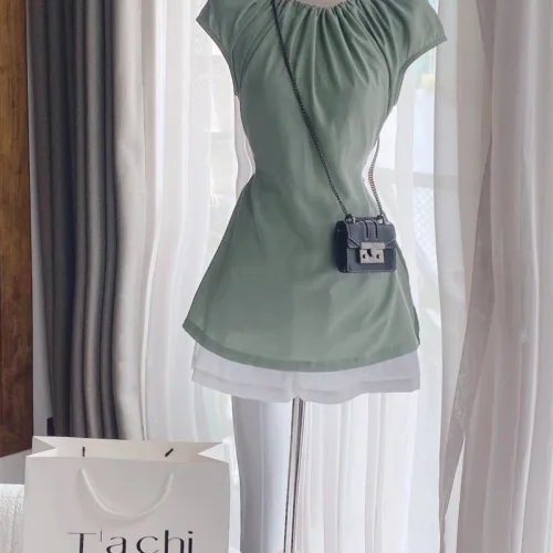 Sét áo xanh cổ tròn nhún xếp rút xẻ lai + short trắng