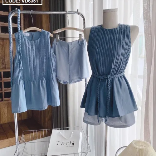 Sét áo xanh xếp ly ngực + short
