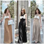 Sét áo xoắn ngực hoa + quần suông xếp ly maxi dài