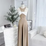 Sét áo xoắn ngực hoa + quần suông xếp ly maxi dài