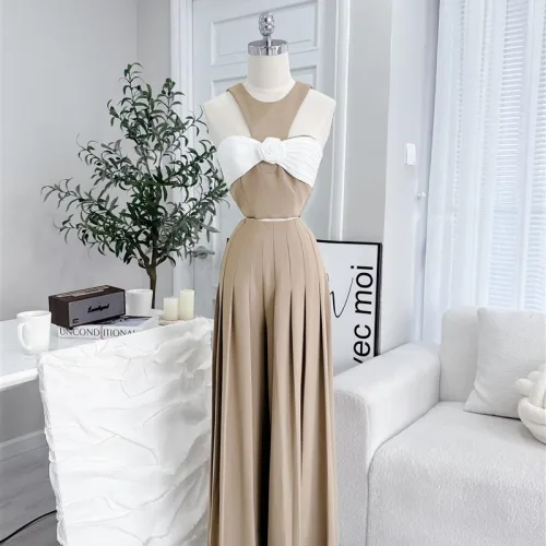 Sét áo xoắn ngực hoa + quần suông xếp ly maxi dài
