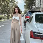 Sét áo xoắn ngực hoa + quần suông xếp ly maxi dài