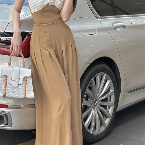 Sét áo xoắn ngực hoa + quần suông xếp ly maxi dài