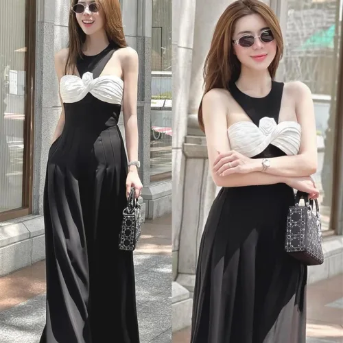 Sét áo xoắn ngực hoa + quần suông xếp ly maxi dài