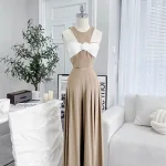 Sét áo xoắn ngực hoa + quần suông xếp ly maxi dài