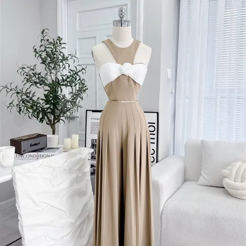Sét áo xoắn ngực hoa + quần suông xếp ly maxi dài