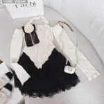 Sét áo xốp cổ yếm tag hoa + chân váy đen tầng