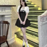 Sét bố áo khoác + đầm 2 dây xếp li nơ
