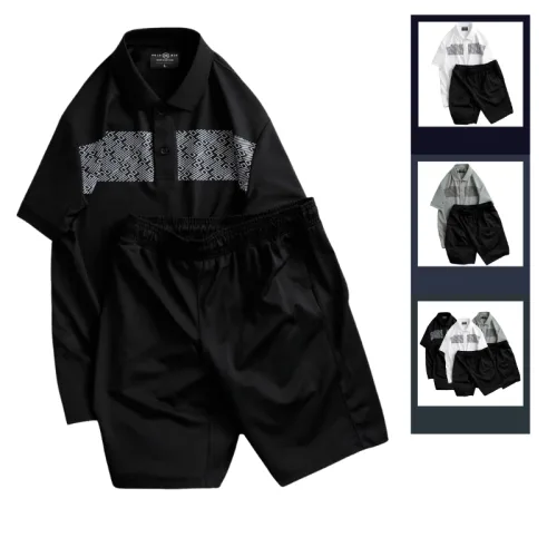 Set Bộ Nam Áo Thun Cổ Bẻ Phối Họa Tiết Trước Ngực + Quần Short Thun Bền Đẹp Big Size