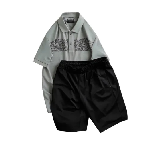 Set Bộ Nam Áo Thun Cổ Bẻ Phối Họa Tiết Trước Ngực + Quần Short Thun Bền Đẹp Big Size