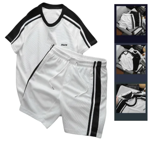 Set Bộ Nam Áo Thun Cổ Tròn Phối Sọc Vai Áo Và Thêu Chữ Pack Trước Ngực + Quần Short Thun Nam Phối Sọc Hai Bên Quần Có Big Size